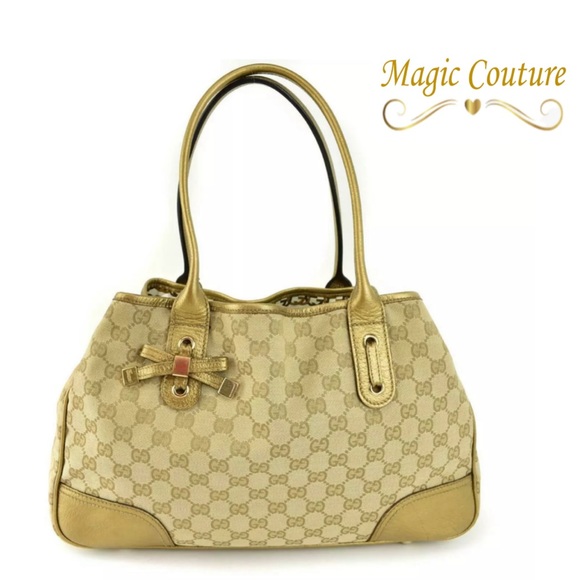 GUCCI: Beige "GG" Logo & Metallic Gold Leather Tote Bag💛⭐️💛 - Picture 1 of 13